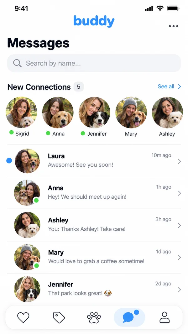 Buddy messages list with new connections and recent conversations