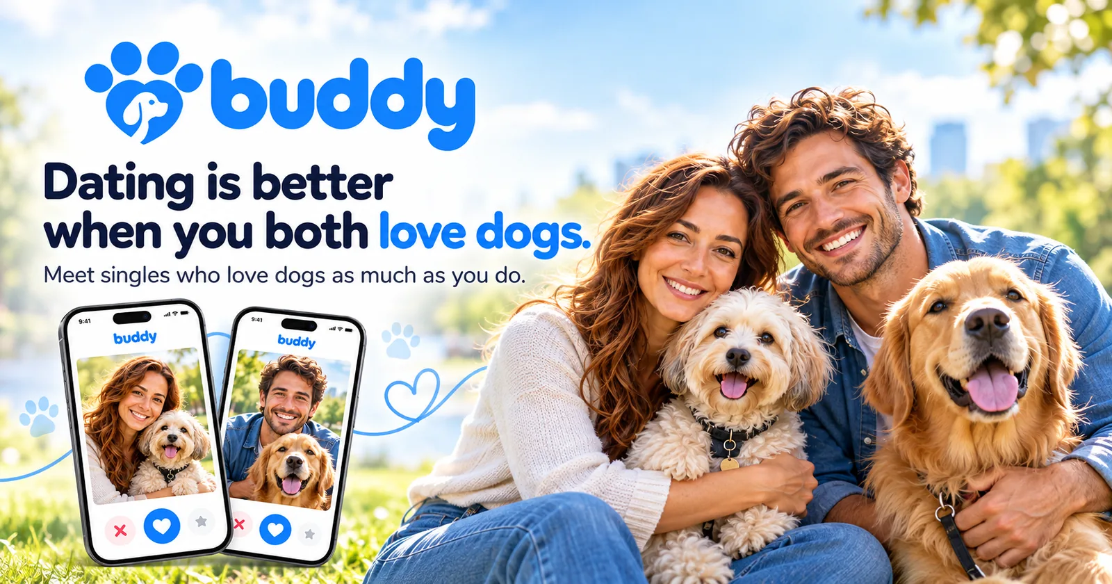 Two dog lovers sitting together on the grass in a sunny park with their dogs, the Buddy app open on their phones beside them