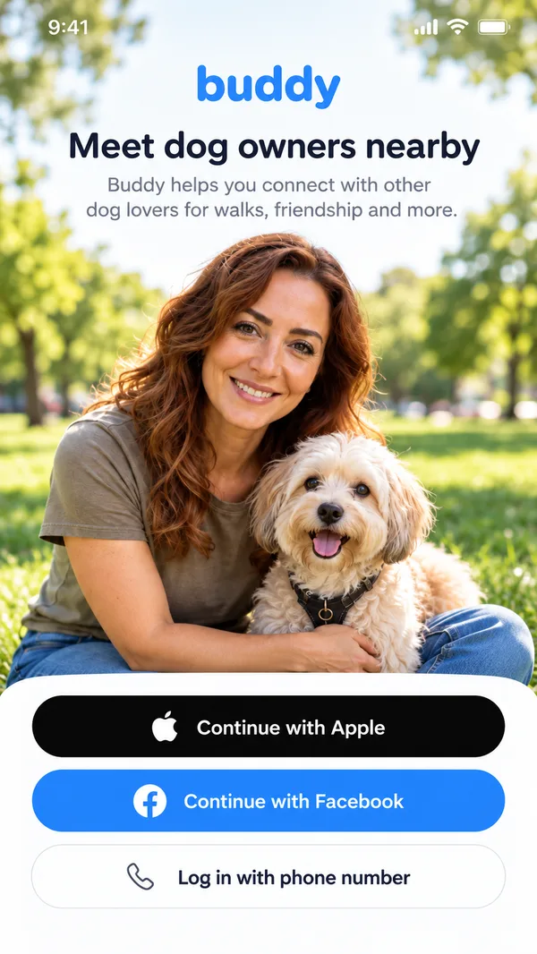 Buddy welcome screen: Meet dog owners nearby, with sign-in options