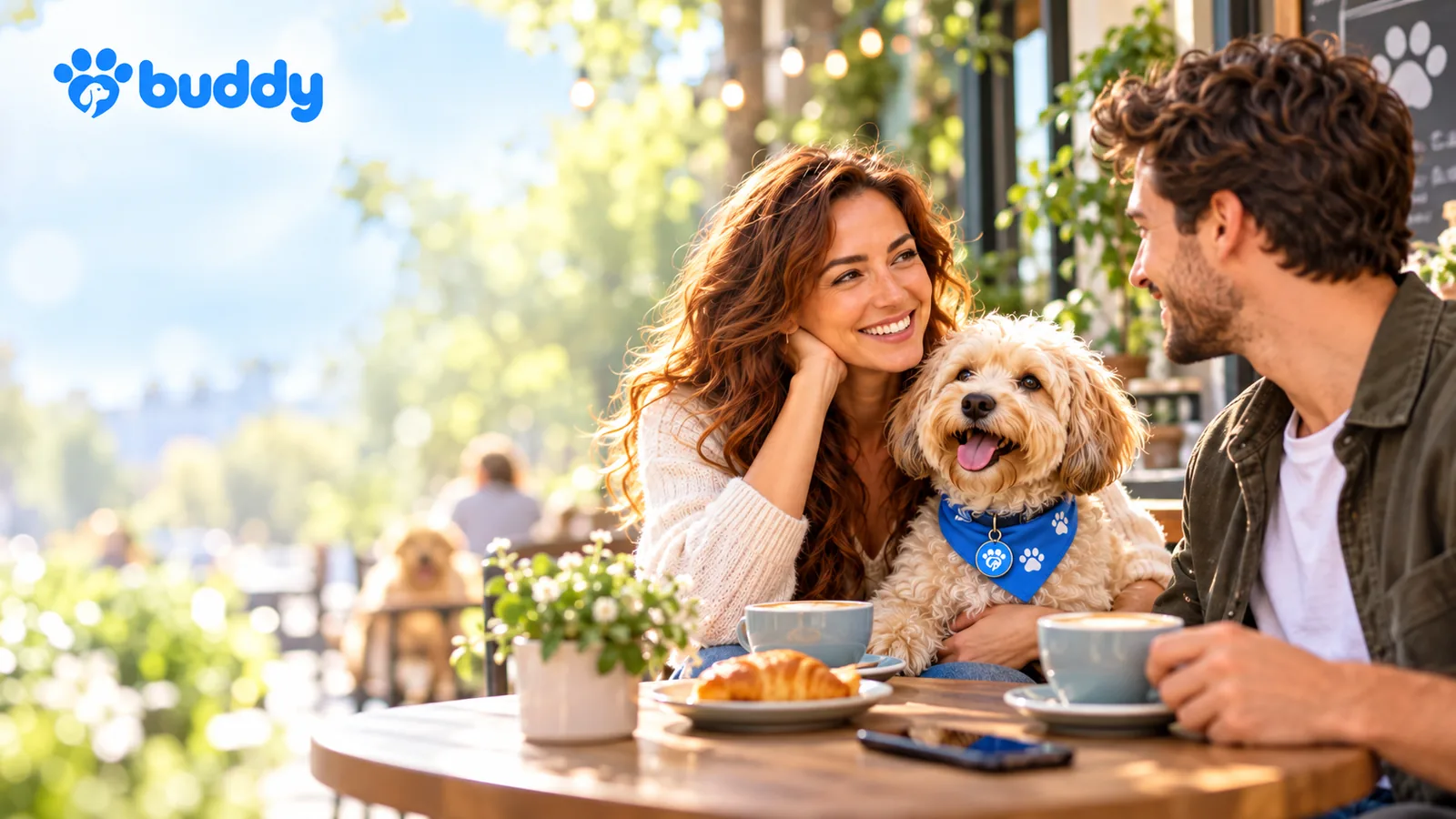 A couple enjoying coffee together at an outdoor café with their dog