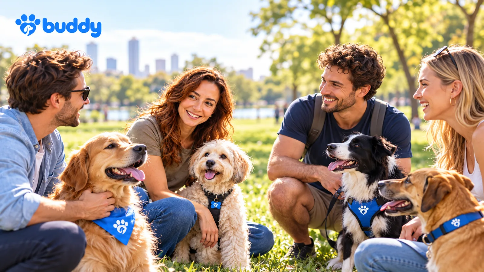 A group of smiling adults with their dogs relaxing in a sunny park