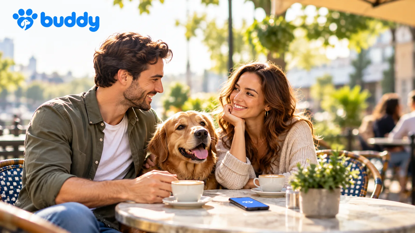 A couple at a dog-friendly café with their golden retriever