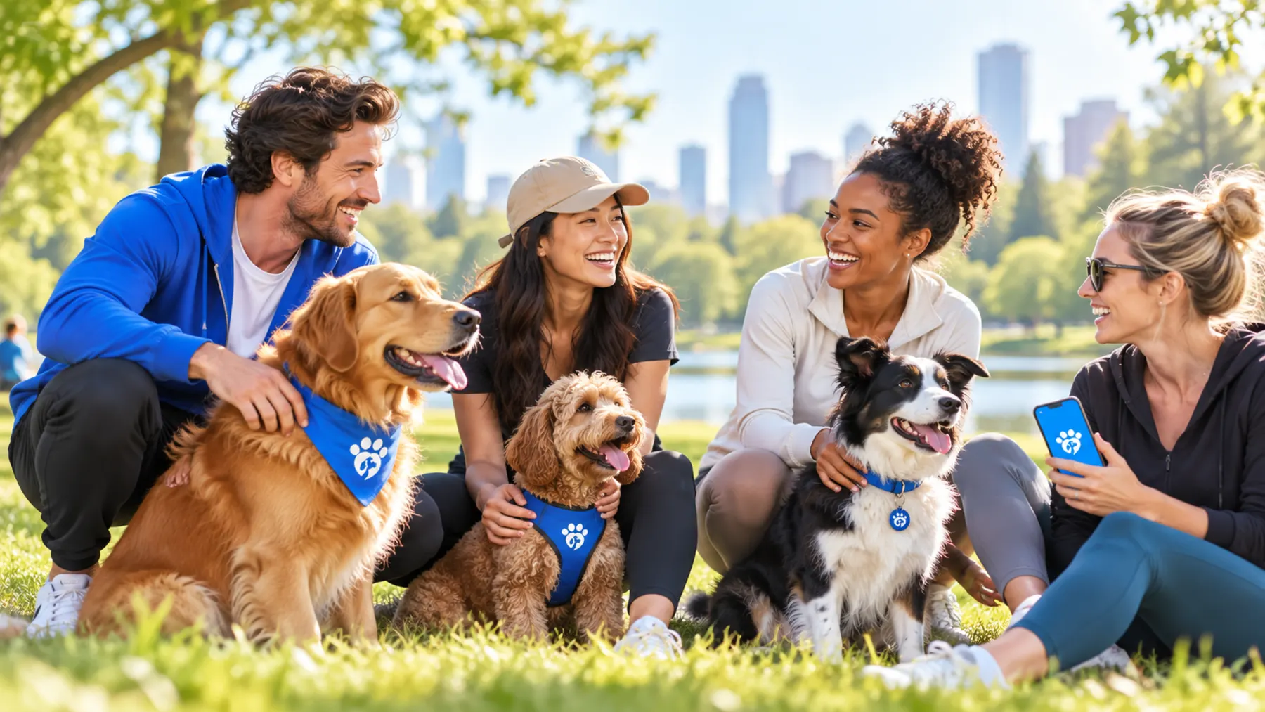 Group of happy dog lovers and their dogs relaxing together in a park