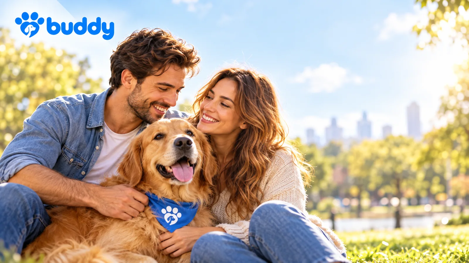 A couple relaxing in a sunny park with their golden retriever, city skyline behind them