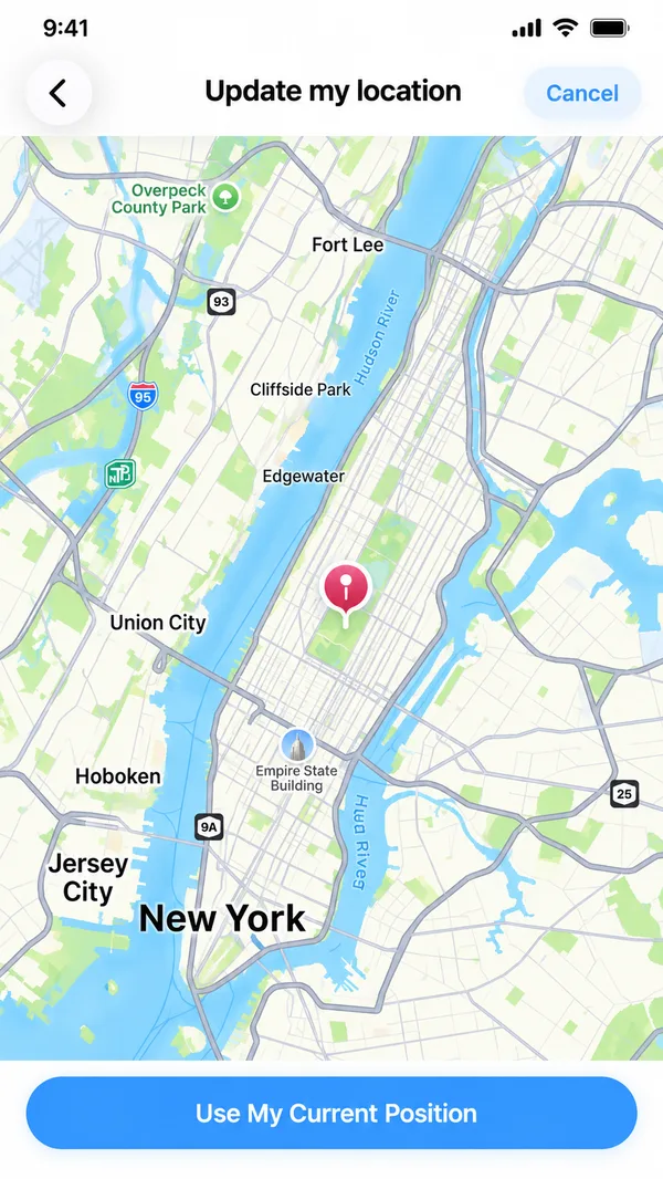 Buddy location screen with a map and a Use My Current Position button