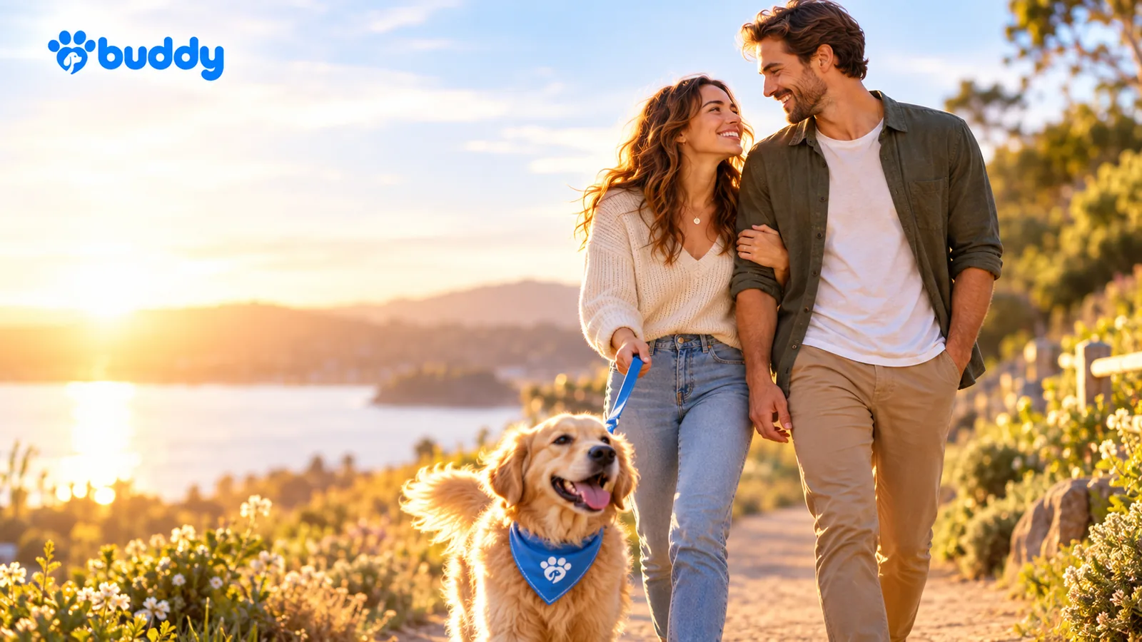A couple walking their golden retriever along a lake path at sunset