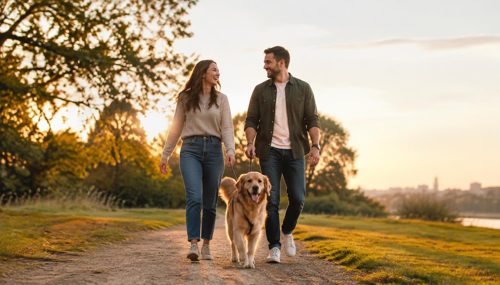 Couple laughing while walking a golden retriever on a park path at sunset